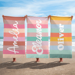 Personalized Colorful Classic Stripe Name Oversized Quick Dry Beach Towel Drawstring Bag Travel Essentials Summer Holiday Party Gift for Family Friend