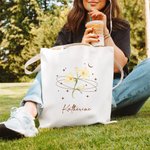 Personalized Star Moon Birth Flower Canvas Tote Bag with Name Daily Commute Birthday Anniversary Holiday Gift for Women Students