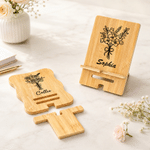 Personalised Line Birth Flower Wooden Phone Holder with Name Office Daily Use Birthday Gift for Friend Office Worker