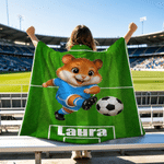 Personalised Soccer Field Cartoon Animals Green Soft Throw Blanket with Name Home Decor Sport Birthday Gift for Soccer Lover Player Kid