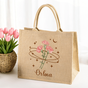 Personlig Stjärna Måne Födelse Blomma Stor Jute Tote Väska med Namn Födelsedag Jubileum Present för Brudtärna Kvinna