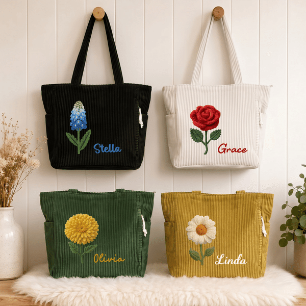 Henkilökohtainen neulottu-Look syntymä kukka suuri kapasiteetti Corduroy Kangaskassi nimi päivittäiseen käyttöön syntymäpäivä Travel lahja Besties naisille naiset