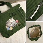 Personalised Cute Cat Knit Large Capacity Corduroy Tote Bag with Name Daily Use Commuting Travel Birthday Gift for Women Knitting Lovers
