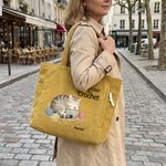 Personalised Cute Cat Knit Large Capacity Corduroy Tote Bag with Name Daily Use Commuting Travel Birthday Gift for Women Knitting Lovers