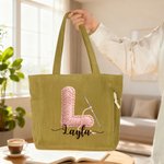 Henkilökohtainen virkkuukoukku Initial Suuri Corduroy Kangaskassi nimi Travel Essential syntymäpäivälahja naisille neulominen ystäville