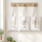 Personalized Star Moon Birth Flower Canvas Tote Bag with Name Daily Commute Birthday Anniversary Holiday Gift for Women Students