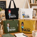 Personalized Cartoon Teacher Large Corduroy Tote Bag with Text and Subject Teacher's Day Birthday Gift for Teacher