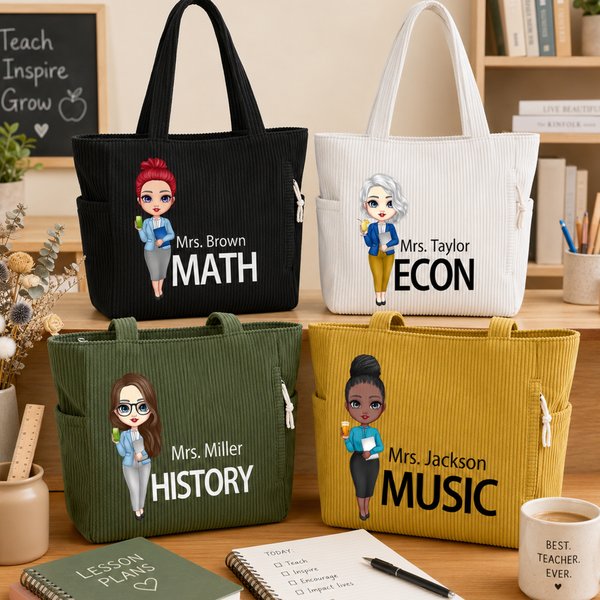 Personalized Cartoon Teacher Large Corduroy Tote Bag with Text and Subject Teacher's Day Birthday Gift for Teacher