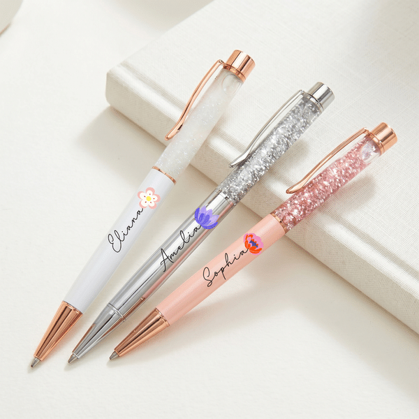 Personalized Birth Flower Glitter Dynamic Liquid Sand 2 Pcs Ballpoint Pen with Name Graduation Birthday Wedding Gift for Women Students Teachers