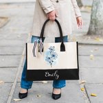 Personalised Ink Painting Style Birth Flower Large Tote Bag Portable Makeup Bag with Name Birthday Anniversary Gift for Women