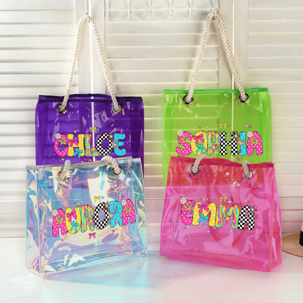 Personalised Bow Star Waterproof Transparent Neon Tote Bag with Name Daily Use Wedding Party Birthday Gift for Mom Wife Bestie