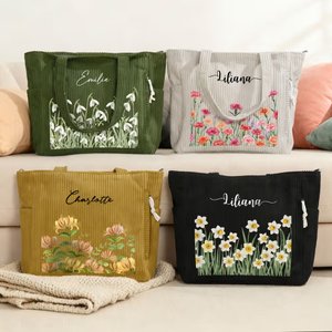 Personalisierter Cord Shopper mit Aquarell Geburtsblumen und Namen | großes Fassungsvermögen | Tragetasche | Tote Bag | Geburtstag Geschenk für Frauen