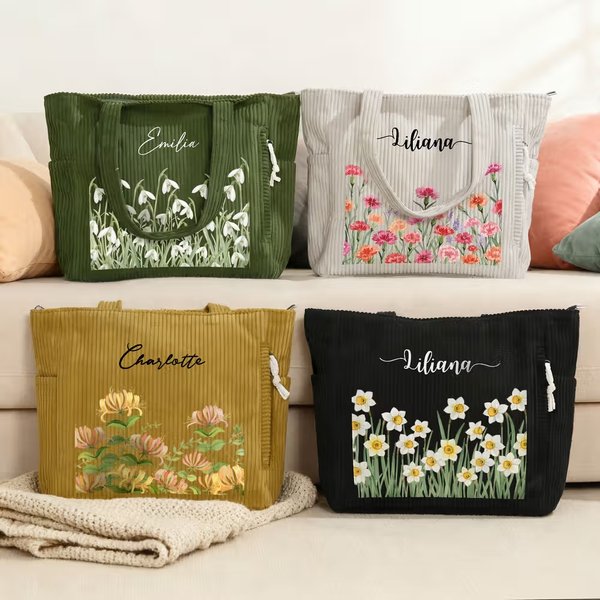 Personalisierter Cord Shopper mit Aquarell Geburtsblumen und Namen | großes Fassungsvermögen | Tragetasche | Tote Bag | Geburtstag Geschenk für Frauen