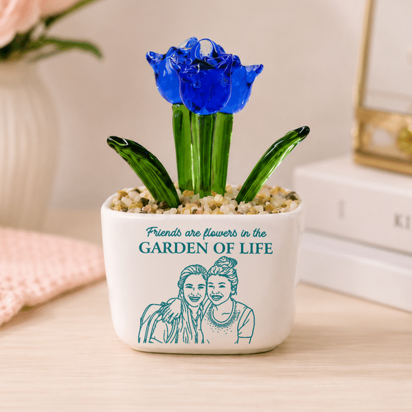Personalised Line Art Style Photo Multicolour Glass Potted Flower with Text Desk Office Shelf Decor Birthday Gift for Besties Women