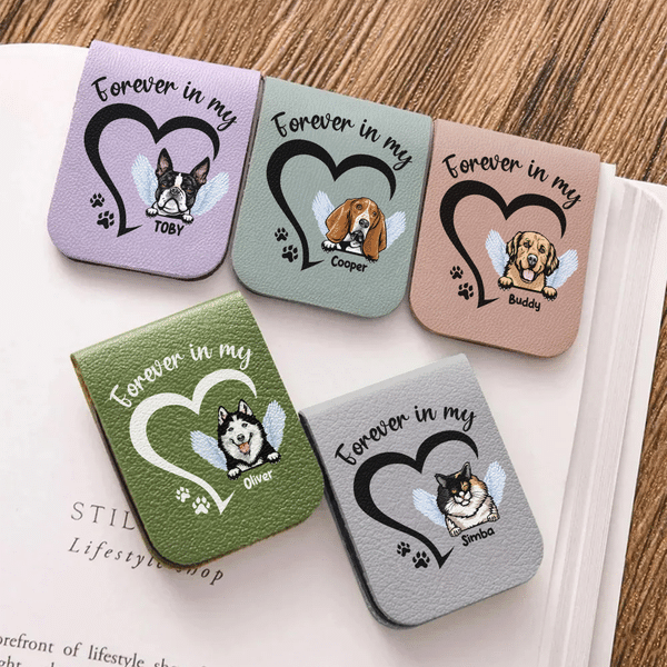 Personalised Heart Paw Angel Cartoon Pet Photo Magnetic PU Leather Bookmark Clip with Name Reading Accessories Birthday Gift for Pet Lovers