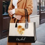 Personalised Ink Painting Style Birth Flower Large Tote Bag Portable Makeup Bag with Name Birthday Anniversary Gift for Women