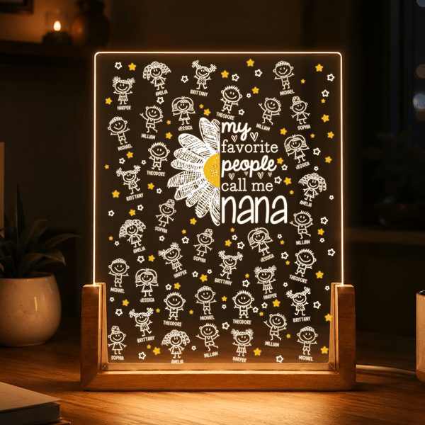 Personalised Daisy Simple Line Drawing Acrylic LED Night Light with 1-16 Names and Nickname Room Decor Mother's Day Birthday Gift for Grandmother