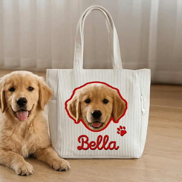 Personalized Pet Photo Large Capacity Corduroy Tote Bag with Name Daily Use Birthday Anniversary Gift for Pet Owner Lover