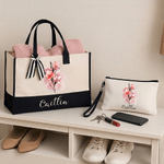 Personalised Ink Painting Style Birth Flower Large Tote Bag Portable Makeup Bag with Name Birthday Anniversary Gift for Women