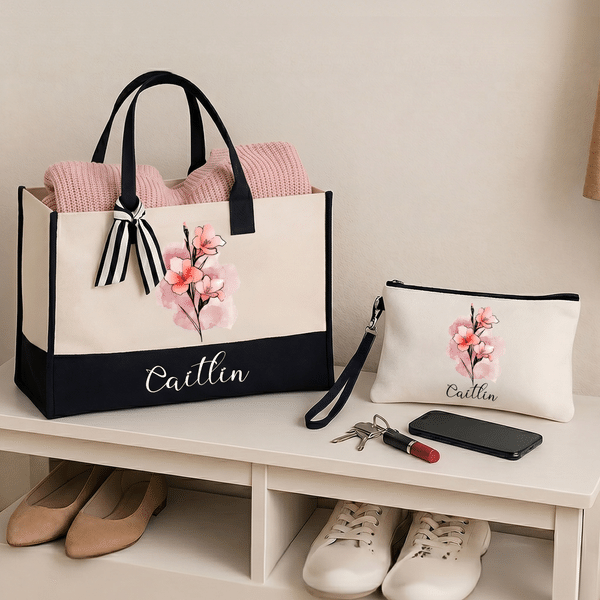 Personalised Ink Painting Style Birth Flower Large Tote Bag Portable Makeup Bag with Name Birthday Anniversary Gift for Women