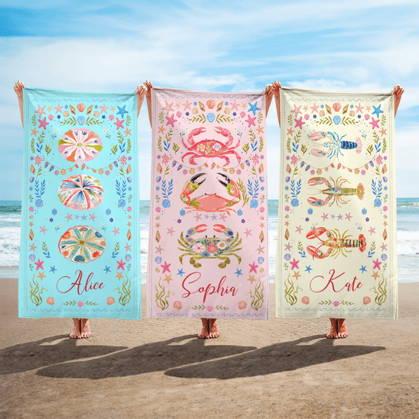 Personalized Sea ​​Animals Oversized Quick Dry Beach Towel with Name and Drawstring Bag Outdoor Activities Birthday Gift for Ocean Lovers