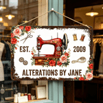 Personalized Retro Floral Sewing Machine Tinplate Painting with Text Tailor Shop Decor Birthday Gift for Sewing Lovers