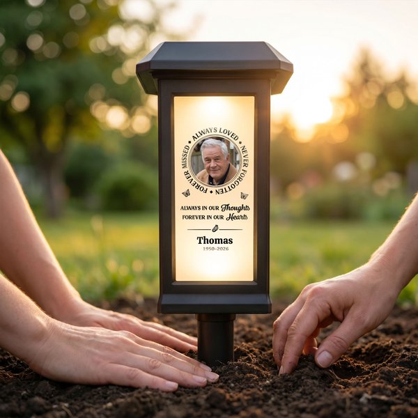 Gepersonaliseerde zonne-energie tuinlamp met foto naam en jaar tuindecoratie en herdenkingscadeau voor familie en vrienden
