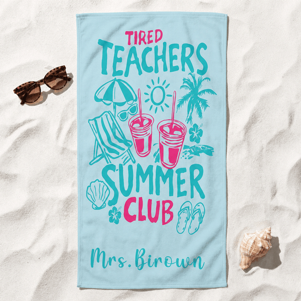 Personalisierte müde Lehrer Sommer Club Multicolor schnell trocken überdimensioniert Strand Handtuch mit Text Strand Party Geburtstag Geschenk für Lehrer ihr