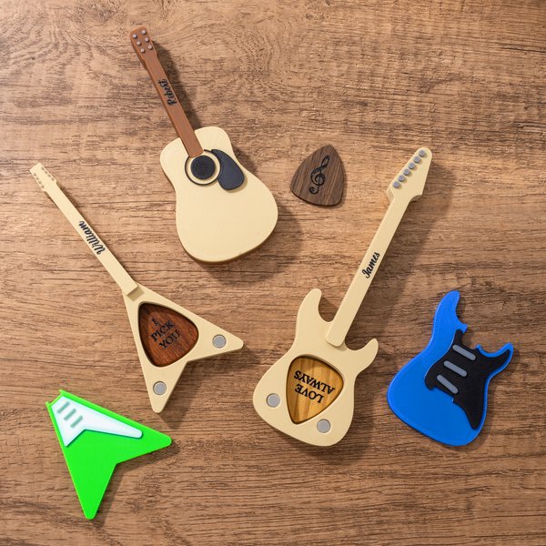Gepersonaliseerde Multicolor Retro Gitaar Gevormde Gitaar plectrum Opbergkoffer met Tekst Verjaardag Dagelijkse Gift voor Gitaarspelers Muziekliefhebbers