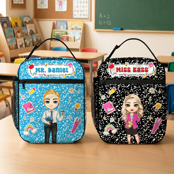 Personalisierte Cartoon Lehrer Charakter isoliert Lunch Bag mit Namen Lehrer Tag zurück zu Schule Anerkennung Geschenk für Lehrer