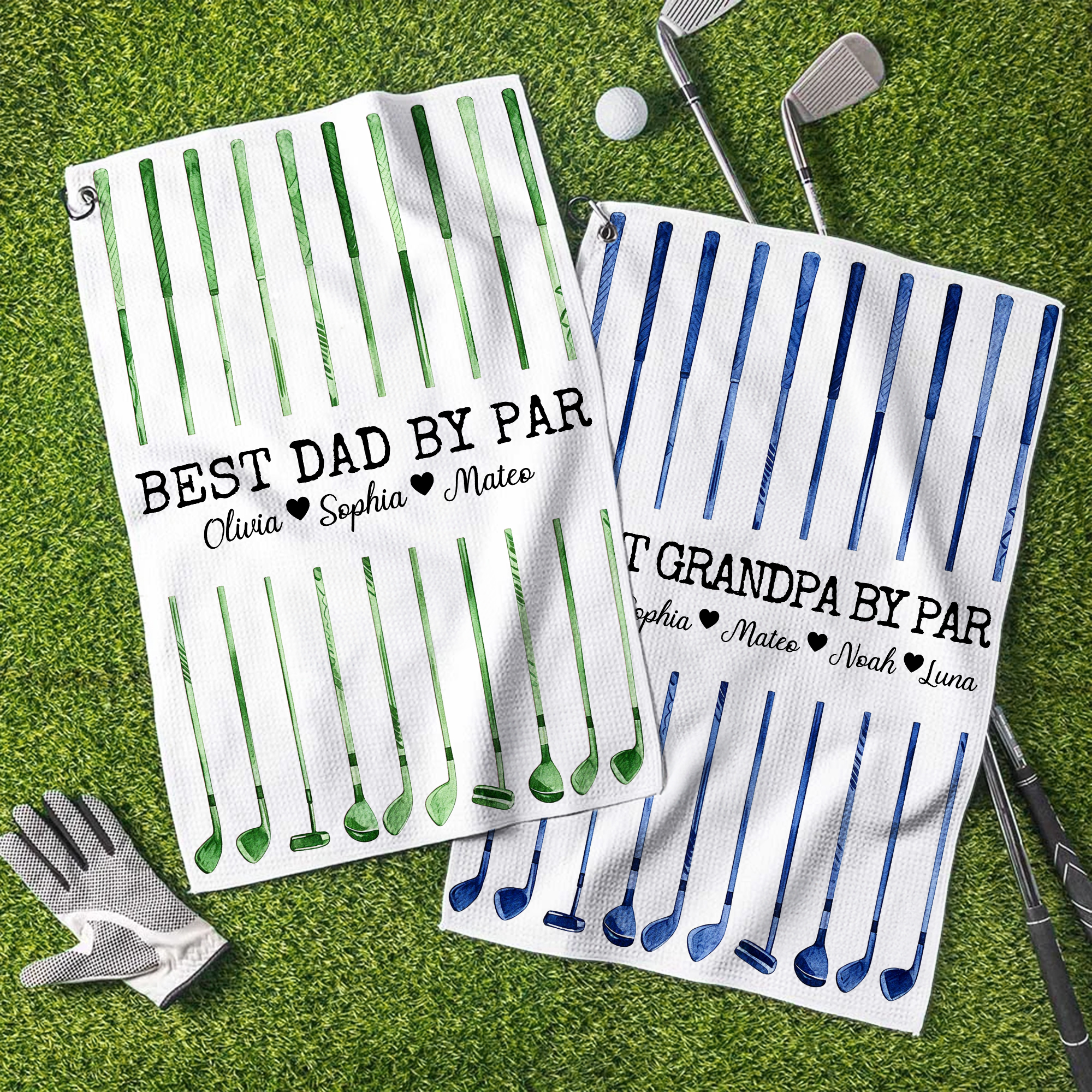 Asciugamano per mazze da golf personalizzato Best Dad By Par Watercolor Quick Dry con nomi e titoli Regalo di compleanno per la festa del papà per il 