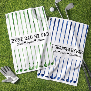 Personalized Best Dad By Par Watercolor Quick Dry Golf Clubs Towel with Names and Title Father's Day Birthday Gift for Dad Grandpa Golf Lover