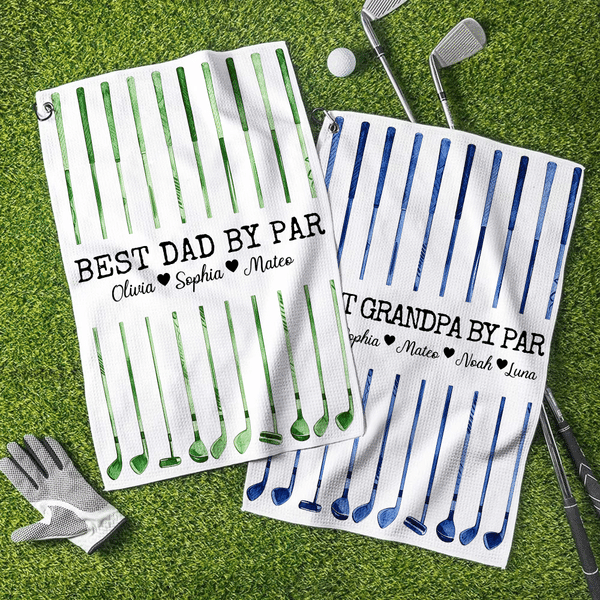Personalized Best Dad By Par Watercolor Quick Dry Golf Clubs Towel with Names and Title Father's Day Birthday Gift for Dad Grandpa Golf Lover