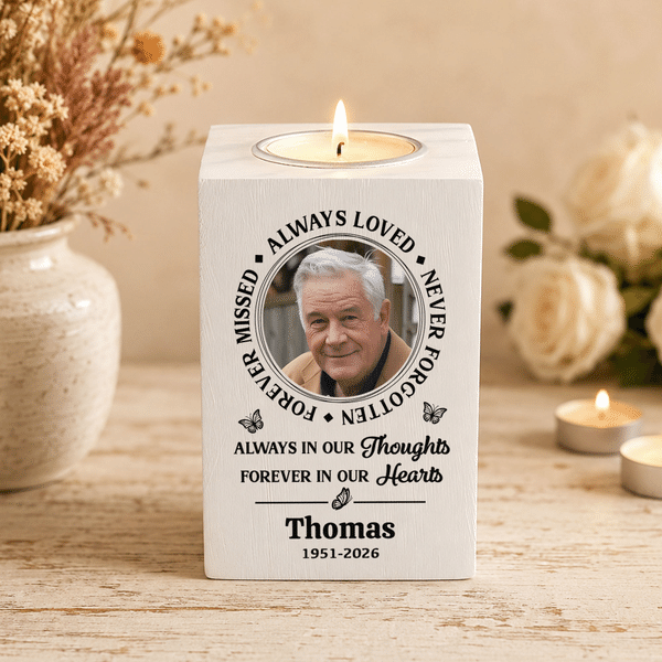 Personalized Forever Missed Always Loved Never Forgotten Wooden Candle Holder with Photo Name and Text Memorial Sympathy Gift for Family Friend