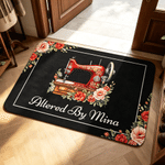 Personalized Floral Sewing Machine Anti-Slip Doormat with Text Home Workshop Decor Birthday Housewarming Opening Gift for Tailor Sewing Lover