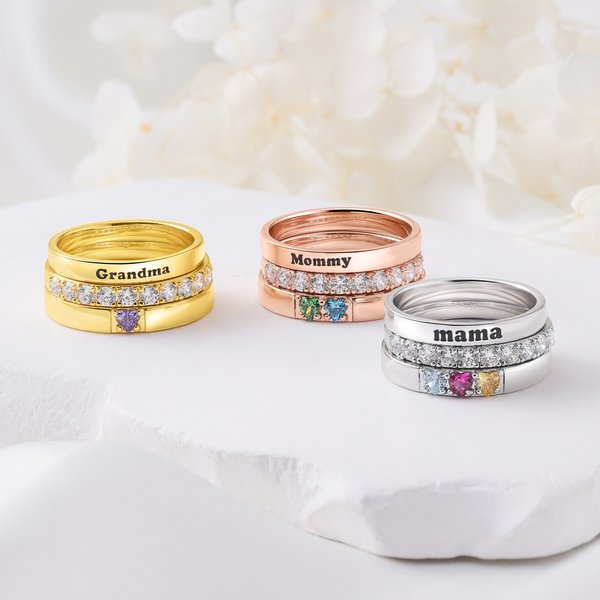 Bague personnalisée en argent sterling à 3 couches de zircon en forme de coeur avec nom gravé Cadeau d'anniversaire pour femme