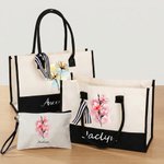 Personalised Ink Painting Style Birth Flower Large Tote Bag Portable Makeup Bag with Name Birthday Anniversary Gift for Women