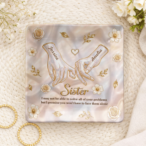 Personalized Mother of Pearl Effect Holding Hands Trinket Jewellery Dish with Name and Title Home Decor Birthday Gift for Friends