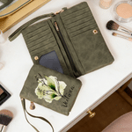 Personalised Birth Flower Vintage PU Leather Woman Wallet with Wrist Strap and Name Birthday Anniversary Gift for Mom Sister Girlfriend