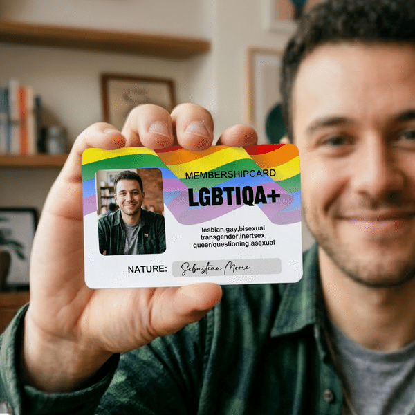 Spersonalizowana tęczowa gejowska karta członkowska z imieniem i nazwiskiem oraz torbą prezentową Tęczowy prezent dla społeczności LGBT