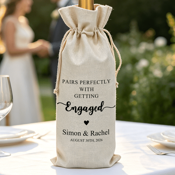 Personalized Wedding Theme Drawstring Wine Bag with Text Name and Year Wedding Engagement Party Gift for Bride Groom Couple