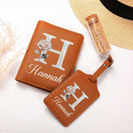 Personalised Mother of Pearl Effect Birth Flower Initial PU Leather Passport Holder Luggage Tag Set with Name Birthday Gift for Travel Enthusiast