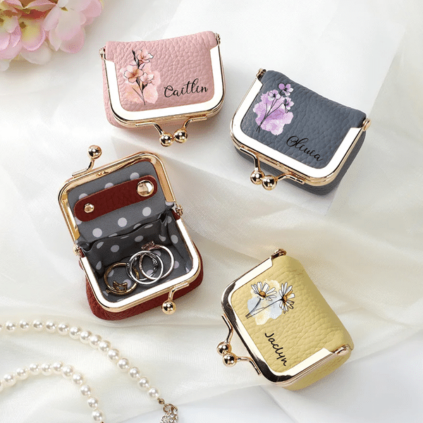Personalised Ink Painting Style Birth Flower Portable Genuine Leather Mini Jewellery Case with Kiss Lock and Name Daily Use Birthday Gift for Women