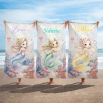 Personalized Cute Cartoon Mermaid Soft Quick Dry Beach Towel with Name Vacation Beach Party Gift for Women Girls