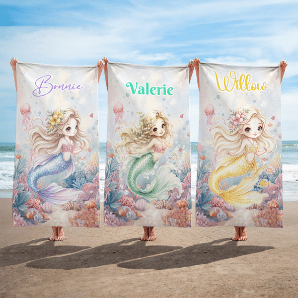 Personalized Cute Cartoon Mermaid Soft Quick Dry Beach Towel with Name Vacation Beach Party Gift for Women Girls