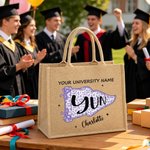 Personalized Ditsy Floral Gingham College Pennant Large Jute Bag with Name Daily Use Travel Graduation Gift for Graduates College Students