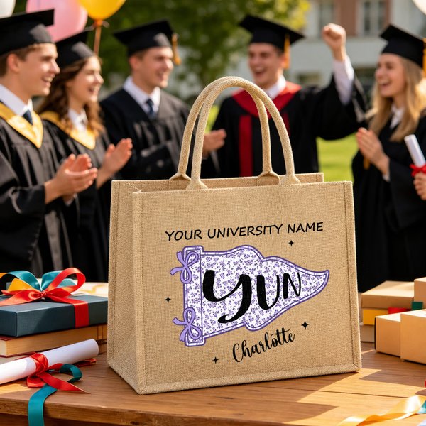 Personalized Ditsy Floral Gingham College Pennant Large Jute Bag with Name Daily Use Travel Graduation Gift for Graduates College Students