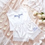 Personalized Elegant Soft Satin Lace-Trim Embroidered Pajama Set with Text and Date Bridal Shower Honeymoon Gift for Bride to Be