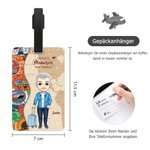 Personalisierter Gepäckanhänger mit Cartoon-Charakter und Landkartenmotiv | mit Namen | Reisezubehör | Geburtstagsgeschenk für Familie und Freunde