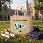 Personalized Ditsy Floral Gingham College Pennant Large Jute Bag with Name Daily Use Travel Graduation Gift for Graduates College Students